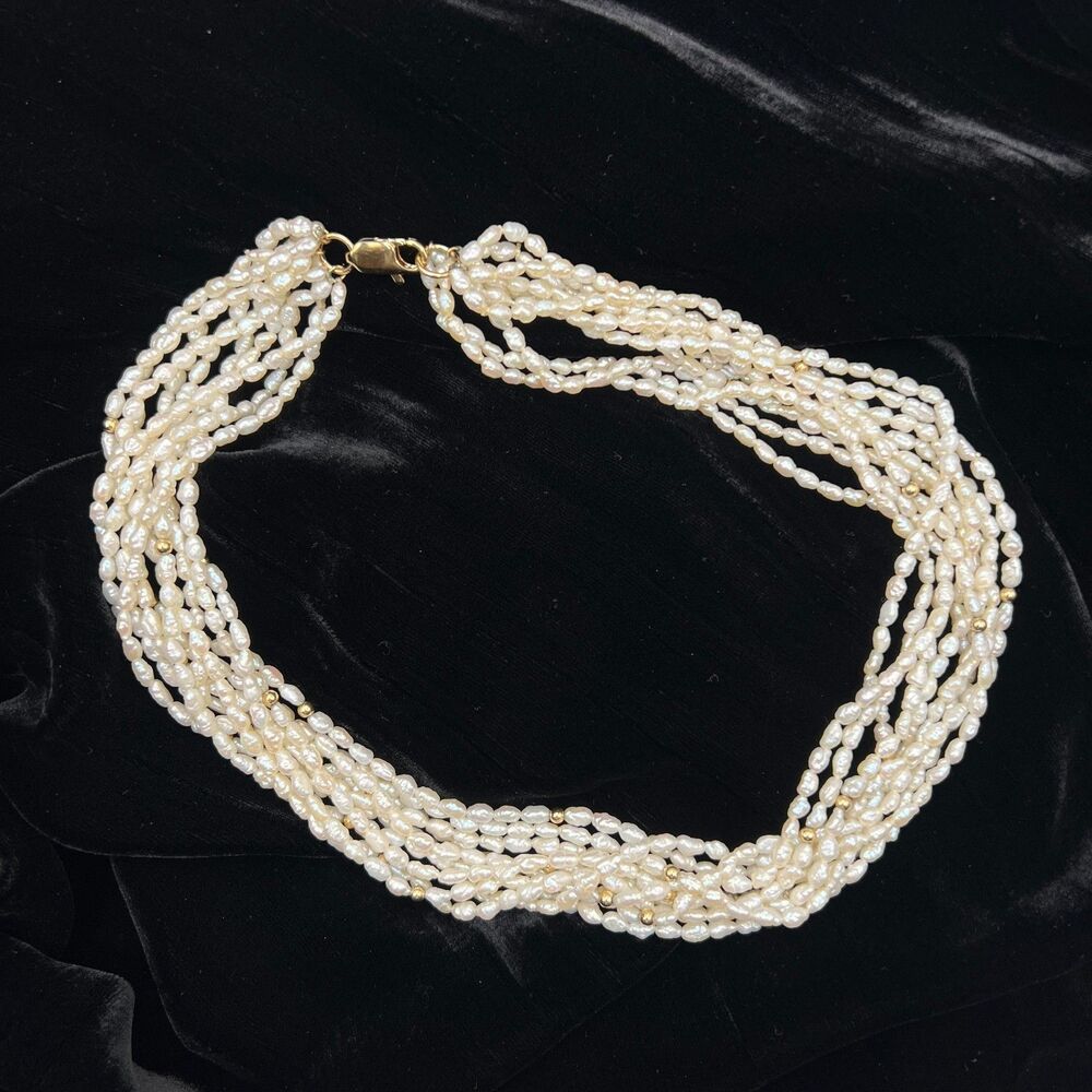Vintage Keshi Pearl 10 Strand Choker Necklace 14K Gold Accent Beads